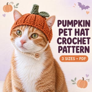 May include: A crochet pumpkin pet hat featuring a ribbed orange cap with a green stem and leaf, secured by a beige chin strap with a small wooden button. The text reads PUMPKIN PET HAT CROCHET PATTERN 3 SIZES PDF, accompanied by pumpkin and bat icons.