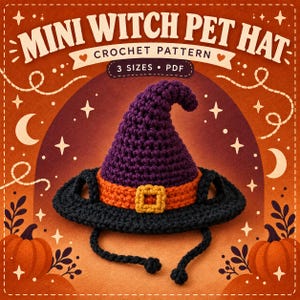 Può includere: Uno schema all'uncinetto per un mini cappello da strega per animali, con un cappello a punta viola, una fascia arancione e una fibbia gialla. Il design include due fori per le orecchie sulla tesa nera e due laccetti. Testo: MINI WITCH PET HAT CROCHET PATTERN 3 SIZES PDF.