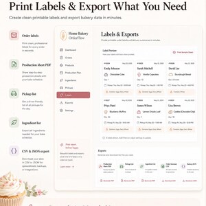 Pu&ograve; includere: Un'interfaccia digitale per Home Bakery OrderFlow che mostra una dashboard per stampare etichette ed esportare dati di panificazione. Lo schermo visualizza anteprime degli ordini, schede di produzione, liste di ritiro e liste ingredienti.