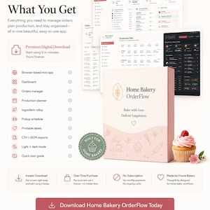 Pu&ograve; includere: Una pubblicit&agrave; di prodotto digitale per Home Bakery OrderFlow, che mostra un'interfaccia software con dashboard, un pianificatore di produzione e strumenti di gestione degli ordini. Il layout include una scatola rosa con il testo Bake with love. Deliver happiness.