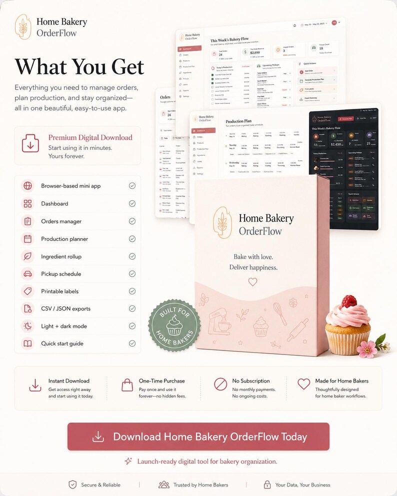Pu&ograve; includere: Una pubblicit&agrave; di prodotto digitale per Home Bakery OrderFlow, che mostra un'interfaccia software con dashboard, un pianificatore di produzione e strumenti di gestione degli ordini. Il layout include una scatola rosa con il testo Bake with love. Deliver happiness.