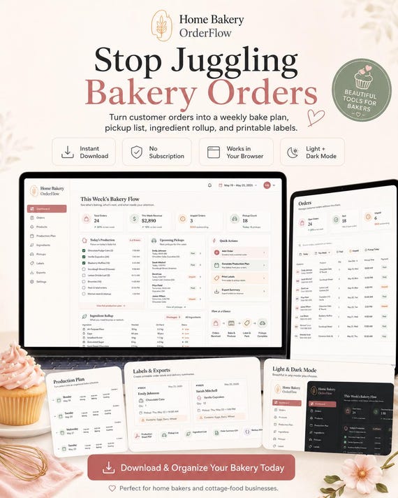Home Bakery Order Tracker App | Production Planner, Pickup Schedule, Labels, Ingredient List, Digital Tool