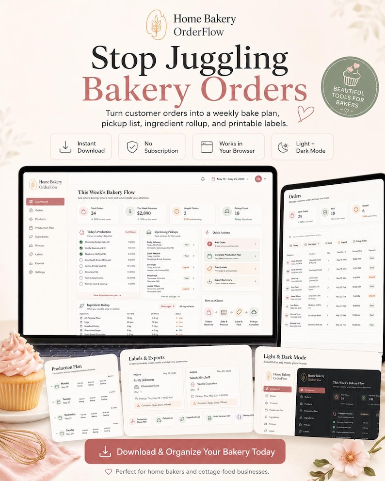 Pu&ograve; includere: Un'interfaccia software per la gestione di panifici chiamata Home Bakery OrderFlow, con dashboard per ordini, piani di produzione ed elenchi di ingredienti. Il display include modalit&agrave; chiara e scura e opzioni per etichette stampabili.