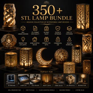 Puede incluir: Una colecci&oacute;n de l&aacute;mparas imprimibles en 3D con diversos dise&ntilde;os, incluyendo estilos cil&iacute;ndricos, geom&eacute;tricos y con forma de &aacute;rbol. La imagen presenta el texto "350+ STL LAMP BUNDLE" e iconos que indican caracter&iacute;sticas como la compatibilidad con impresi&oacute;n 3D.
