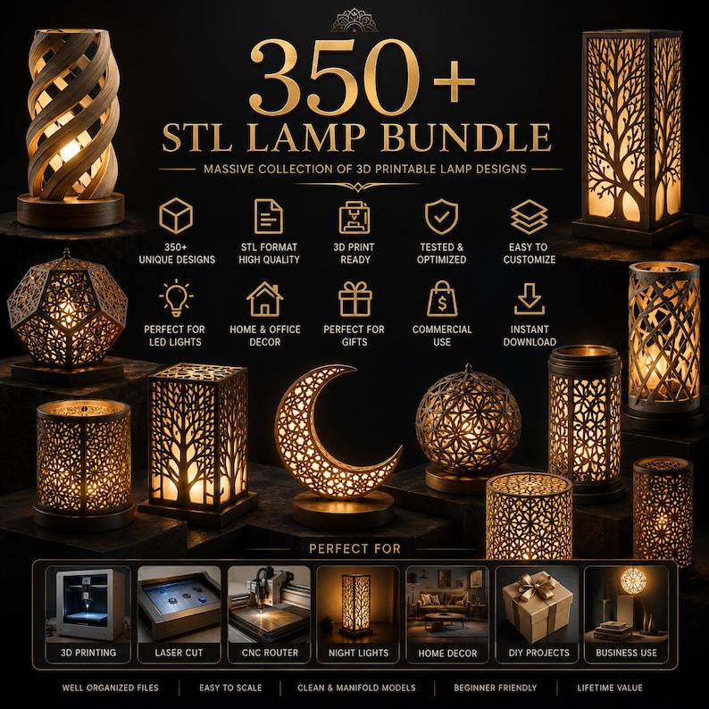 Puede incluir: Una colecci&oacute;n de l&aacute;mparas imprimibles en 3D con diversos dise&ntilde;os, incluyendo estilos cil&iacute;ndricos, geom&eacute;tricos y con forma de &aacute;rbol. La imagen presenta el texto "350+ STL LAMP BUNDLE" e iconos que indican caracter&iacute;sticas como la compatibilidad con impresi&oacute;n 3D.