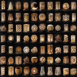 Puede incluir: Una colecci&oacute;n de portavelas y faroles decorativos de varias formas y tama&ntilde;os. Los faroles son de metal y presentan intrincados dise&ntilde;os calados. Los colores son c&aacute;lidos, con un brillo dorado que emana del interior. La colecci&oacute;n incluye formas cil&iacute;ndricas, esf&eacute;ricas y geom&eacute;tricas.