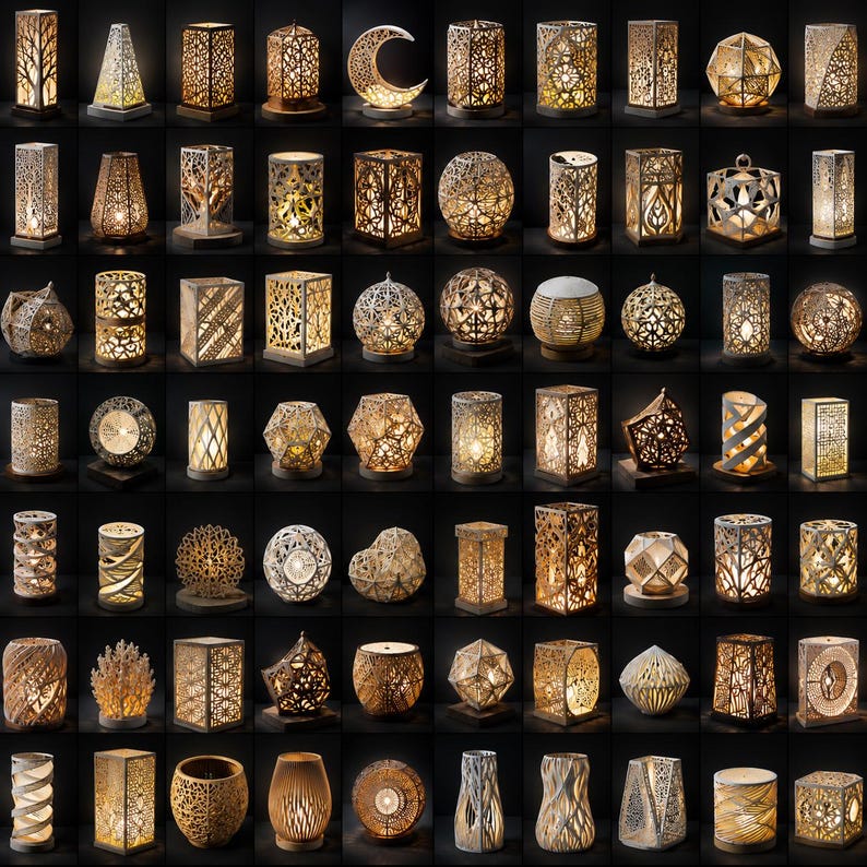 Puede incluir: Una colecci&oacute;n de portavelas y faroles decorativos de varias formas y tama&ntilde;os. Los faroles son de metal y presentan intrincados dise&ntilde;os calados. Los colores son c&aacute;lidos, con un brillo dorado que emana del interior. La colecci&oacute;n incluye formas cil&iacute;ndricas, esf&eacute;ricas y geom&eacute;tricas.
