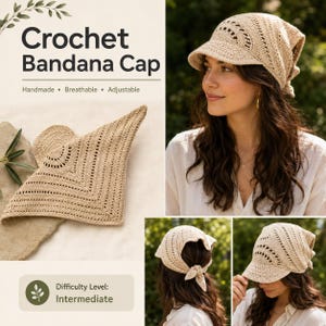Patron PDF de casquette bandana au crochet | Tutoriel chapeau de soleil d'été en maille | Casquette bohème à nouer | Téléchargement instantané | Conditions américaines | 4 tailles
