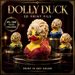 May include: A 3D print file for a Dolly Duck figurine featuring a yellow duck with a blonde bouffant hairstyle, red lips, and a pearl necklace. The text reads DOLLY DUCK 3D PRINT FILE, STL + 3MF FILES INCLUDED, and PRINT IN ANY COLOR.