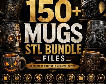 Paquete de más de 150 plantillas STL para tazas imprimibles en 3D / Diseños de tazas de fantasía, terror y steampunk / Uso comercial / Archivos STL