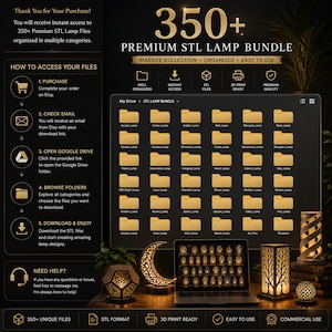 Puede incluir: Imagen promocional de un paquete de 350+ l&aacute;mparas STL Premium. La imagen muestra una computadora port&aacute;til que muestra dise&ntilde;os de l&aacute;mparas, junto con varios modelos de l&aacute;mparas y una l&aacute;mpara en forma de media luna. El texto enfatiza la colecci&oacute;n masiva, los archivos organizados y la facilidad de uso.