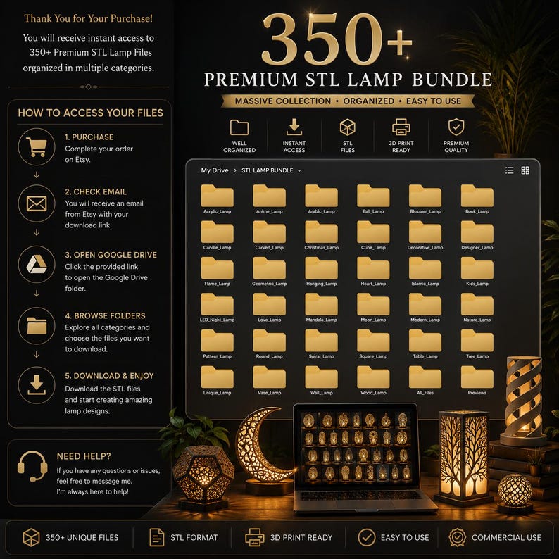 Puede incluir: Imagen promocional de un paquete de 350+ l&aacute;mparas STL Premium. La imagen muestra una computadora port&aacute;til que muestra dise&ntilde;os de l&aacute;mparas, junto con varios modelos de l&aacute;mparas y una l&aacute;mpara en forma de media luna. El texto enfatiza la colecci&oacute;n masiva, los archivos organizados y la facilidad de uso.