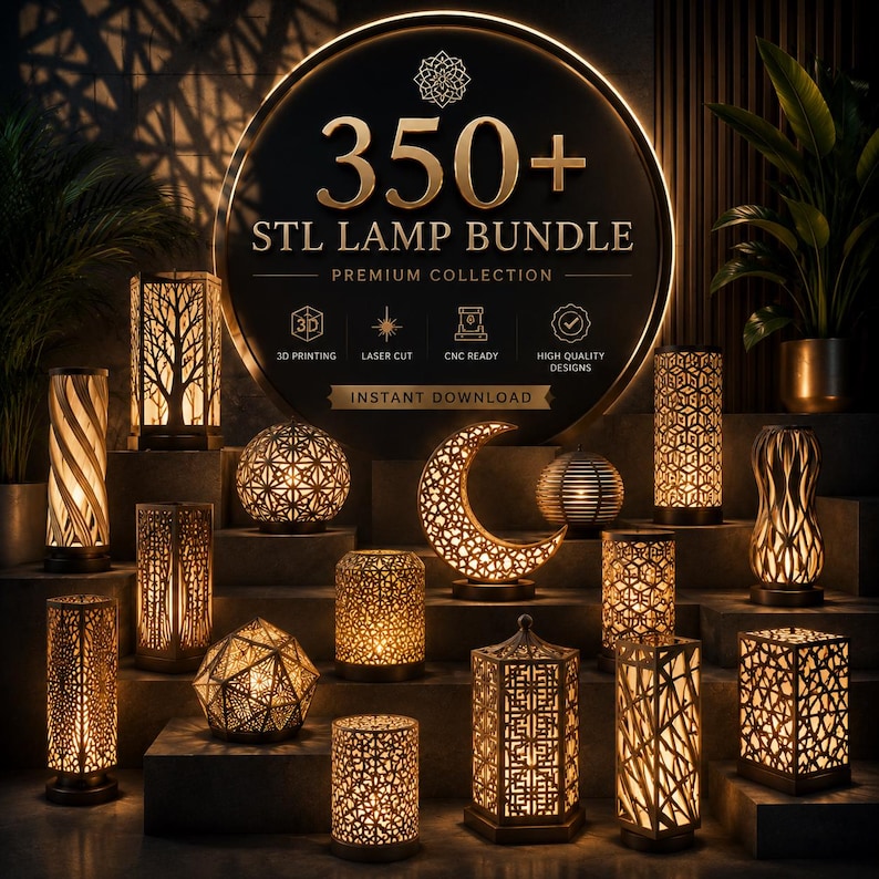 Puede incluir: Una colecci&oacute;n de l&aacute;mparas iluminadas con dise&ntilde;os intrincados, incluyendo un &aacute;rbol, patrones geom&eacute;tricos y una luna creciente. Las l&aacute;mparas est&aacute;n encendidas, mostrando sus detallados recortes. La imagen incluye el texto "350+ STL LAMP BUNDLE".