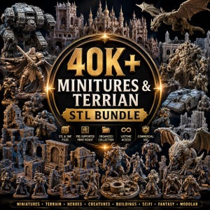 May include: A digital collection of 40K+ miniatures and terrain STL files featuring various sci-fi and fantasy characters, creatures, buildings, and vehicles. The central text reads 40K+ MINIATURES & TERRAIN STL BUNDLE with icons for files, print readiness, and access.