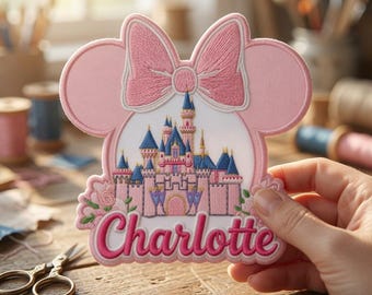Custom Name Princess Castle Mouse Ear Embroidered Iron On Patch, Pink Bow, DIY Girls Denim Jacket Applique, Theme Park Gift, Sew Velcro