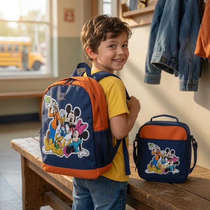 Puede incluir: Una mochila y una bolsa de almuerzo a juego en azul marino y naranja, ambas con un estampado gr&aacute;fico de Mickey Mouse, Minnie Mouse, el Pato Donald, Goofy y Pluto. La mochila tiene bolsillos laterales de malla y correas ajustables para los hombros.