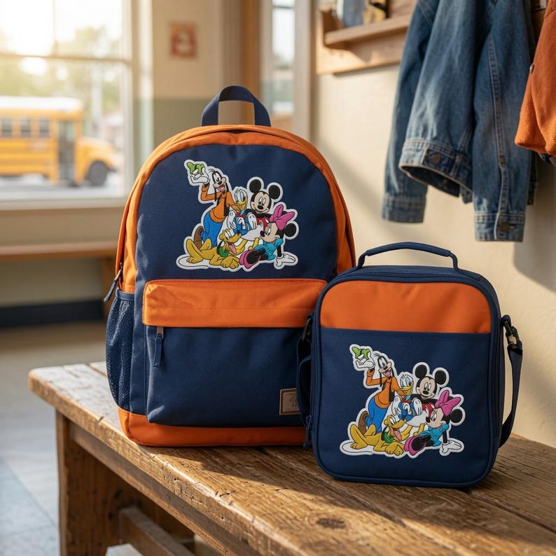 Puede incluir: Una mochila y una bolsa de almuerzo a juego en azul marino y naranja con un estampado gr&aacute;fico de Mickey Mouse, Minnie Mouse, Goofy, el Pato Donald y Pluto. Ambos art&iacute;culos tienen asa superior, cierres de cremallera y bolsillo frontal.