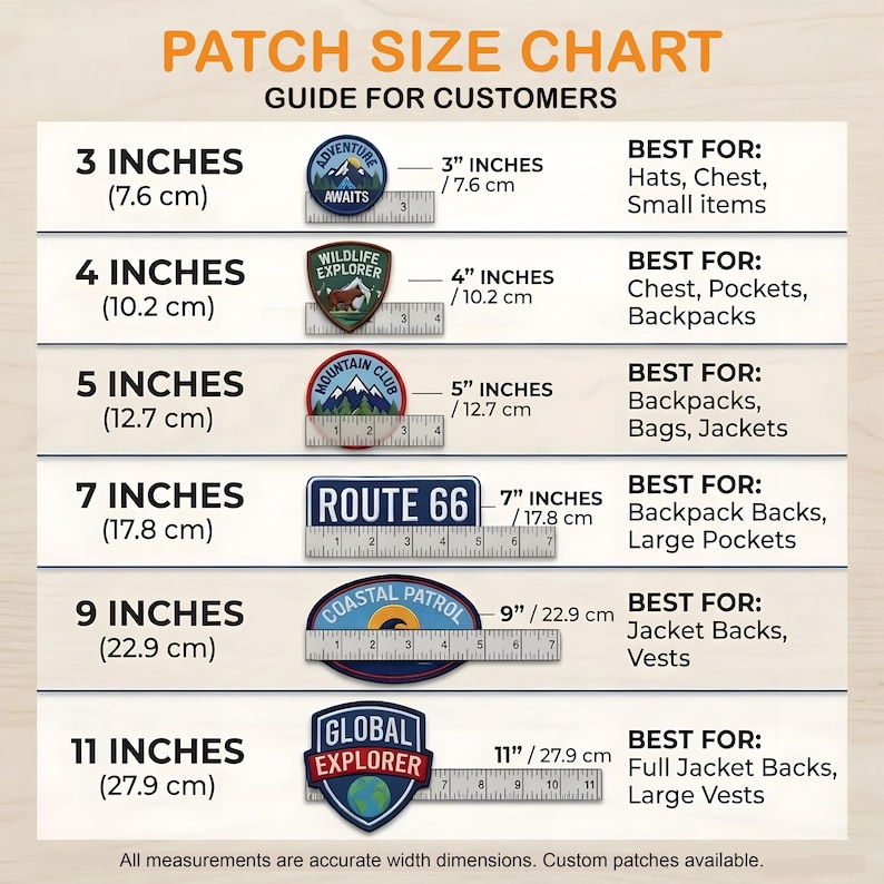 May include: A patch size chart guide for customers displaying six embroidered patches ranging from 3 inches to 11 inches in width. Each row features a patch next to a ruler, listing the size in inches and centimeters, and suggested applications.
