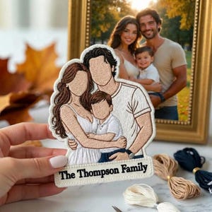 Personligt familjeporträttsmärke, anpassat fotobroderi, strykmärke, Thompsons familjevapen, present till återförening, minnesmärke för ryggsäcksjacka