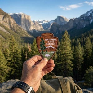 Op de afbeelding: Een bruine, schildvormige geborduurde patch met de tekst NATIONAL PARK SERVICE, een groene boom, een witte bergtop en het silhouet van een witte bizon. De patch heeft een donkerbruine rand en wordt vastgehouden voor een berglandschap.