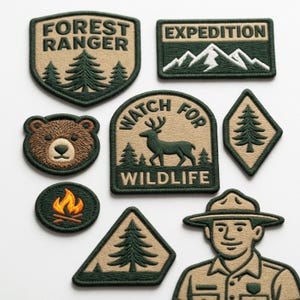 May include: A collection of embroidered patches with outdoor and nature themes. Designs include a bear face, a campfire, a deer, a forest ranger, and mountain scenes. The patches feature green, tan, and brown colors.