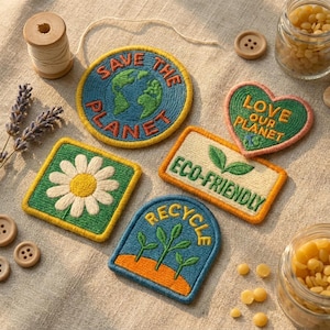 May include: A collection of five embroidered patches featuring various designs: a circular patch with a globe and the text SAVE THE PLANET, a heart-shaped patch with the text LOVE OUR PLANET, a square patch with a white daisy, a rectangular patch with the text ECO-FRIENDLY, and a semi-circular patch with the text RECYCLE.