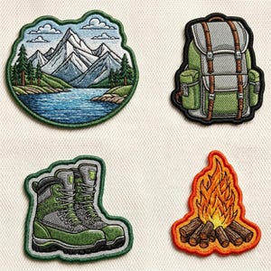 May include: Embroidered patches featuring outdoor adventure themes. Includes a mountain and lake scene, a green backpack, hiking boots, and a campfire. Each patch has a detailed design with vibrant colors and a stitched border.