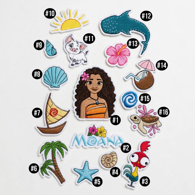 May include: A collection of sixteen embroidered patches featuring Moana characters and tropical icons. Designs include Moana, Pua, Hei Hei, a sailboat, palm tree, sea turtle, hibiscus flowers, seashells, a starfish, and a coconut drink.