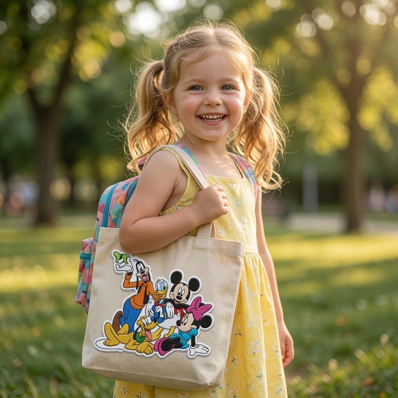 Puede incluir: Un bolso de mano de lona beige con un estampado gr&aacute;fico colorido de Mickey Mouse, Minnie Mouse, Donald Duck, Goofy y Pluto. El bolso tiene dos asas de tela y est&aacute; fabricado con un material tejido de color claro con una base rectangular.