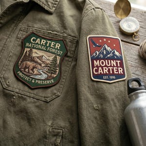 May include: Olive green jacket with two embroidered patches. One patch reads "Carter National Forest" with a bear and river scene. The other patch says "Mount Carter" with a mountain and eagle design. A compass and water bottle are visible.