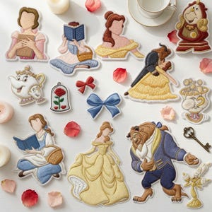 May include: A collection of embroidered patches featuring characters and objects from Beauty and the Beast, including Belle in various outfits, the Beast, Cogsworth, Lumiere, Mrs. Potts, Chip, a rose in a glass dome, and blue and red bows.