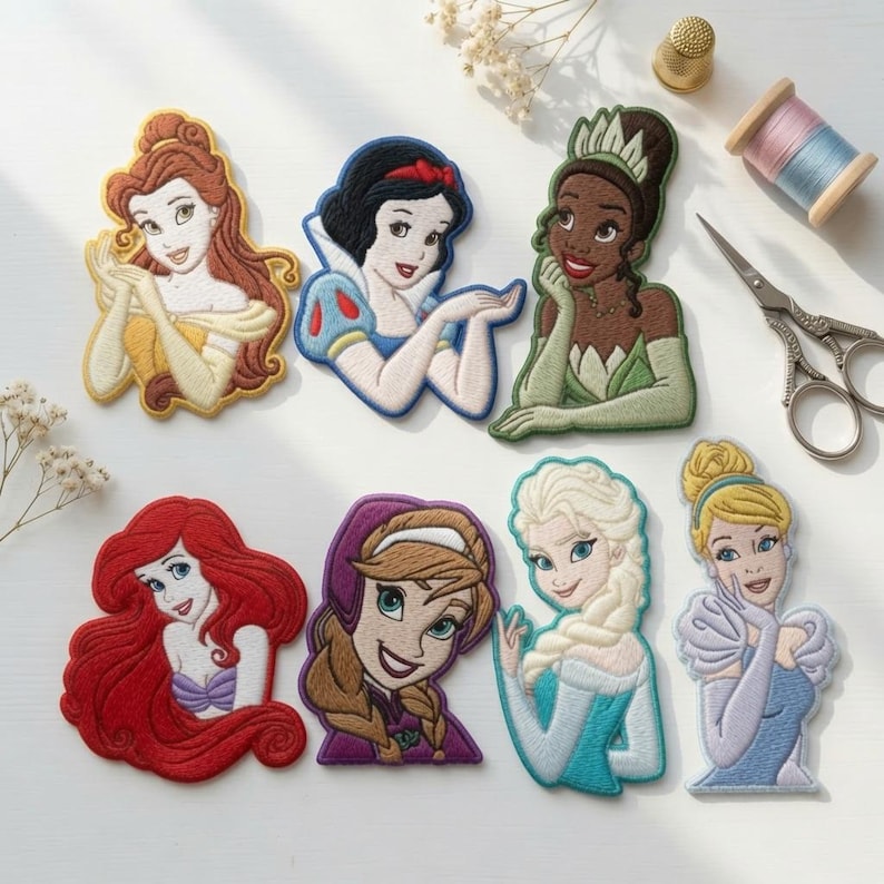 May include: A collection of seven embroidered fabric patches featuring various animated princess characters, including Belle, Snow White, Tiana, Ariel, Anna, Elsa, and Cinderella, arranged alongside a metal thimble, thread spool, and scissors.