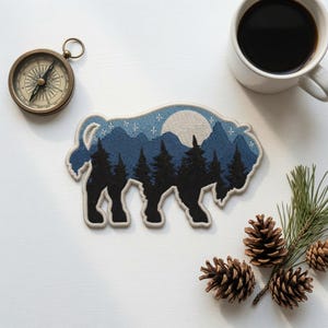 Vintage Bison Buffalo Mountain Patch, Retro Wilderness Nature Iron On Patch, Outdoor Hiking Camping Gift, Jacket Backpack Bag Label