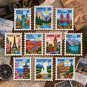 May include: A collection of ten rectangular postage stamp stickers featuring colorful illustrations of global landmarks including New York, Yosemite, San Francisco, Paris, Grand Canyon, London, Banff, Tokyo, Yellowstone, and Rome with text.