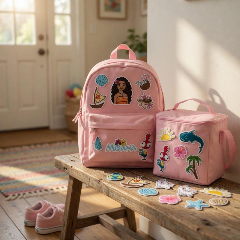 May include: A light pink backpack and a matching lunch bag decorated with various Moana-themed patches, including a character portrait, a sailboat, a rooster, a sea turtle, flowers, and shells. Additional loose patches are arranged on the wooden bench.