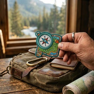 May include: An embroidered patch featuring a teal compass with a white face and cardinal directions, layered over a green landscape map with orange tents, a winding path, and blue water elements, finished with a teal border and a small loop.