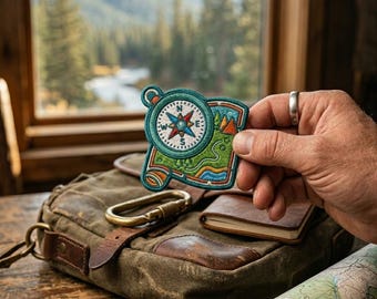 Compass Trail Map Embroidered Iron On Patch, Outdoor Adventure Wanderlust, DIY Canvas Backpack Applique, Hiker Gift, Sew Velcro