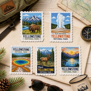 May include: Five rectangular embroidered patches with scalloped edges featuring Yellowstone National Park scenes. Designs include a bison, Old Faithful geyser, Grand Prismatic Spring, an elk, and a sunset lake view, all with Yellowstone National Park text.
