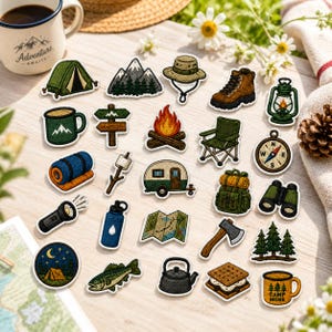 May include: A collection of embroidered patches featuring camping and outdoor themes, including a tent, mountains, hiking boots, a lantern, a campfire, a compass, a backpack, binoculars, a map, a flashlight, a water bottle, and a s'more.