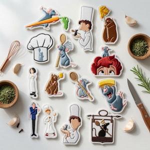 May include: A collection of embroidered patches featuring cartoon characters, including rats, chefs, and kitchen-themed icons. The patches display various poses, such as holding wooden spoons, wearing chef hats, and interacting with food items.