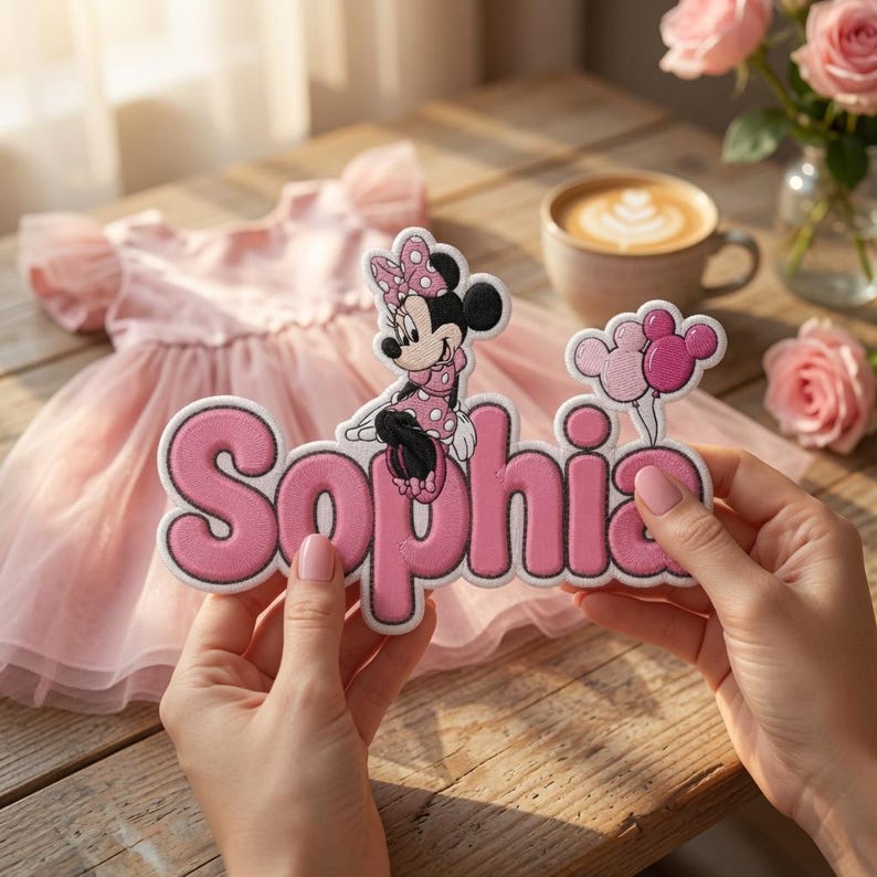 Op de afbeelding: Een gepersonaliseerde geborduurde patch met de naam Sophia in roze letters, versierd met een tekenfilmmuis in een jurk met stippen die drie roze ballonnen vasthoudt. De patch heeft een witte rand en zichtbare stikseldetails.
