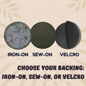 May include: Three circular patches displayed horizontally. The first shows a blue and grey embroidered world map. The second is a solid dark green circle. The third is a dark grey textured hook-and-loop fastener. Text reads: IRON-ON, SEW-ON, VELCRO, CHOOSE YOUR BACKING: IRON-ON, SEW-ON, OR VELCRO.