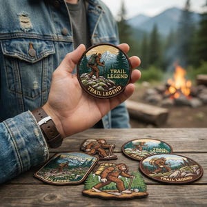 May include: A collection of circular and custom-shaped embroidered patches featuring a brown Bigfoot character hiking in a mountain landscape with pine trees and snow-capped peaks. Each patch includes the text Trail Legend in gold lettering.
