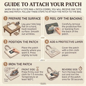 May include: An instructional guide titled GUIDE TO ATTACH YOUR PATCH with five numbered steps. It illustrates how to apply a patch to a tote bag using an iron, including peeling the backing, positioning, covering with cloth, and ironing at 160&deg;F.