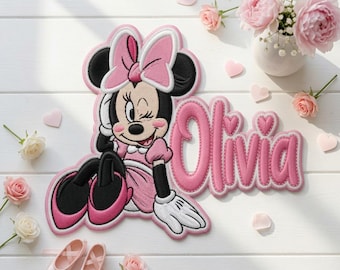 Custom Name Minnie Mouse Embroidered Iron On Patch, Pink Bow Heart, DIY Girls Denim Jacket Applique, Theme Park Gift, Sew Velcro