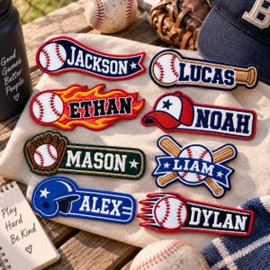 May include: Eight embroidered baseball-themed patches featuring names Jackson, Lucas, Ethan, Noah, Mason, Liam, Alex, and Dylan. Each patch incorporates baseball imagery like balls, bats, gloves, and caps in various colors including red, blue, and green.