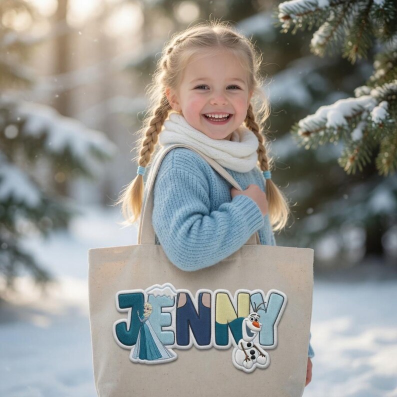 Puede incluir: Un bolso de tela beige con el nombre JENNY en letras grandes, coloridas y estilo bloque. La letra J incorpora un gr&aacute;fico de un personaje rubio con vestido azul, y la letra Y presenta un peque&ntilde;o gr&aacute;fico de un mu&ntilde;eco de nieve blanco.