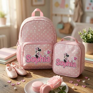 Op de afbeelding: Een lichtroze rugzak en bijpassende lunchtas met witte stippen, een afbeelding van Minnie Mouse en de naam Sophia in roze letters. De set bevat een paar lichtroze ballerina's, allemaal gerangschikt op een houten ondergrond.