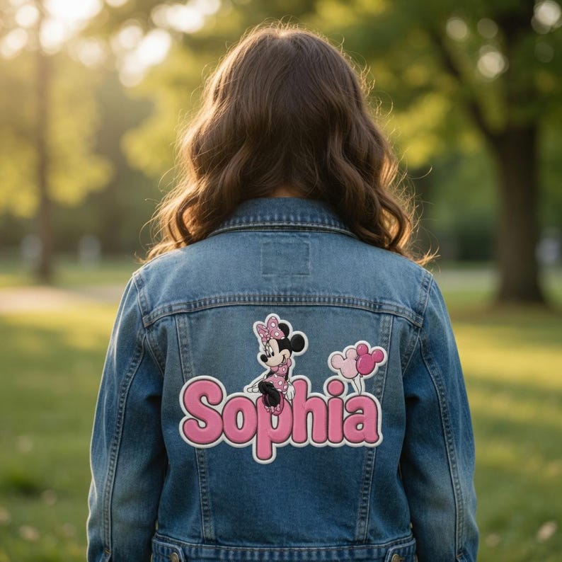 Op de afbeelding: Een blauw spijkerjack met een grote patch op de achterkant met de naam Sophia in roze letters, vergezeld van een afbeelding van Minnie Mouse in een roze jurk met stippen en twee roze ballonnen in de vorm van muizenoortjes.