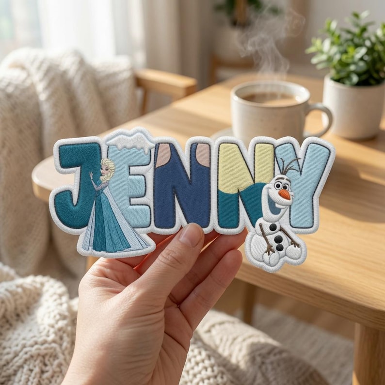 Puede incluir: Un parche bordado personalizado con el nombre JENNY en letras de bloque gruesas. La letra J incorpora la figura de un personaje rubio con vestido azul, mientras que la letra Y presenta un mu&ntilde;eco de nieve blanco con nariz de zanahoria.